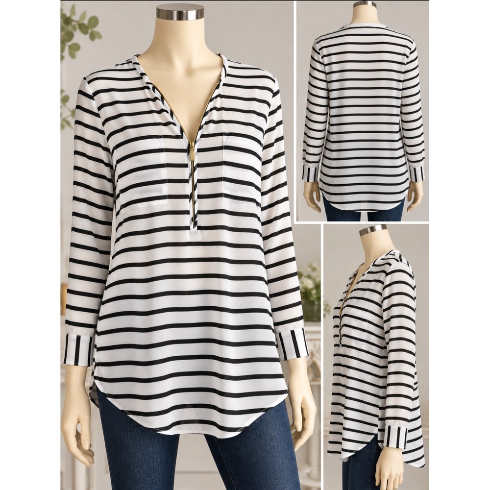 Calvin Klein Sz L Striped Chiffon Zip Front Blouse Black White Long Sleeve